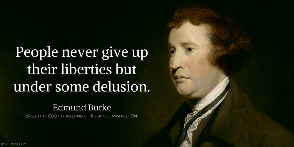 Edmund Burke Quote: People never give up their liberties but under some delusion.