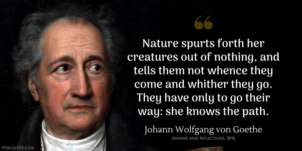 Johann Wolfgang von Goethe Quote: Nature spurts forth her creatures out of nothing, and tells them not whence they come and whither they go. They have only to go their way: she knows the path.