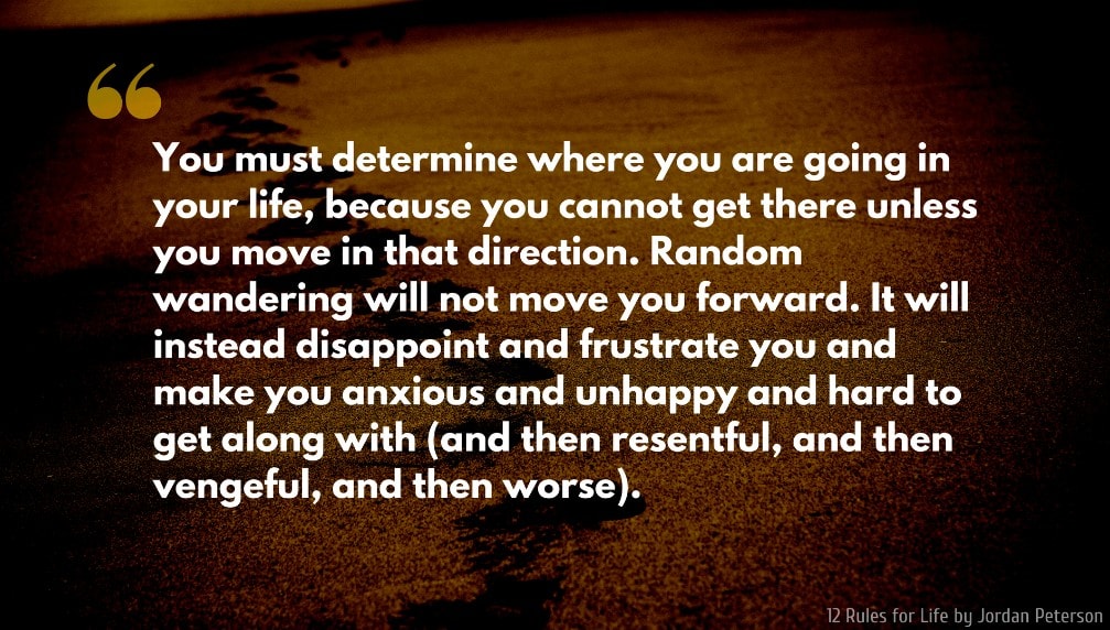 Jordan Peterson Quote: You must determine where you are going in your life, because you cannot get there unless you move in that direction. Random wandering will not move you forward. It will instead disappoint and frustrate you and make you anxious and unhappy and hard to get along with (and then resentful, and then vengeful, and then worse).