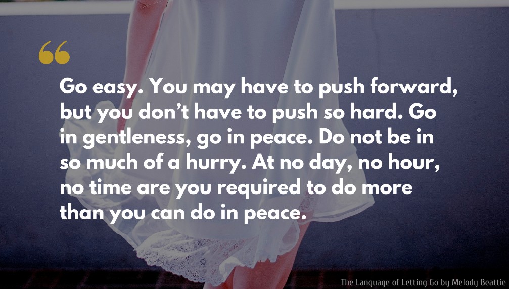 Melody Beattie Quote: Go easy. You may have to push forward, but you don’t have to push so hard. Go in gentleness, go in peace. Do not be in so much of a hurry. At no day, no hour, no time are you required to do more than you can do in peace.