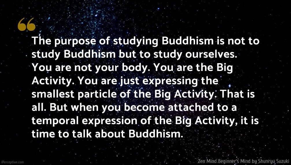 Shunryu Suzuki Quote: The purpose of studying Buddhism is not to study Buddhism but to study ourselves. You are not your body. You are the Big Activity. You are just expressing the smallest particle of the Big Activity. That is all. But when you become attached to a temporal expression of the Big Activity, it is time to talk about Buddhism.