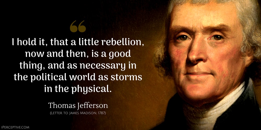Thomas Jefferson Quote: I hold it, that a little rebellion, now and then, is a good thing, and necessary in the political world as storms in the physical.