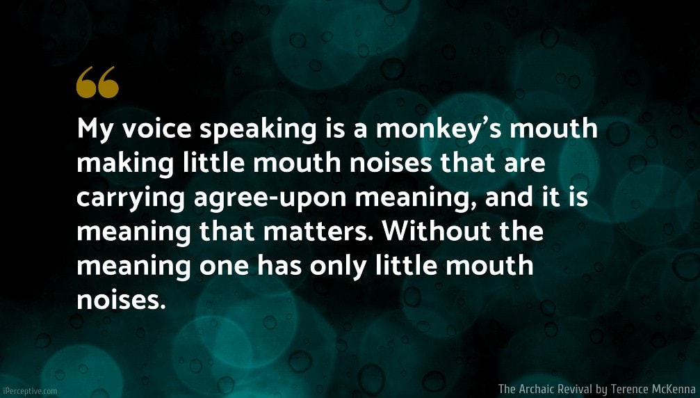 Terence McKenna Quote: My voice speaking is a monkey's mouth making little mouth noises that are carrying agree-upon meaning, and it is meaning that matters. Without the meaning one has only little mouth noises.