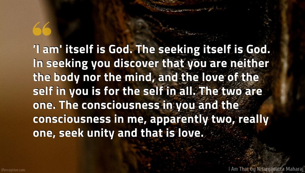 Nisargadatta Maharaj Quote: ’I am' itself is God. The seeking itself is God. In seeking you discover that you are neither the body nor the mind, and the love of the self in you is for the self in all. The two are one. The consciousness in you and the consciousness in me, apparently two, really one, seek unity and that is love.